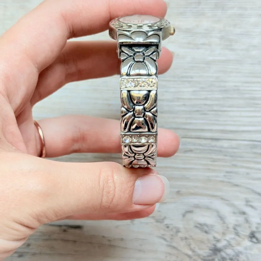 Vintage Silver Tone Cuff Bracelet Watch Floral Stretch Bangle Quartz Antique